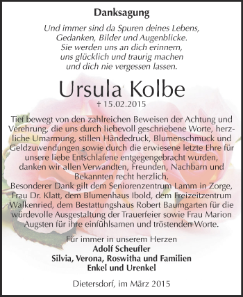 Traueranzeige von Ursula Kolbe von Super Sonntag SGH Mansf. Land