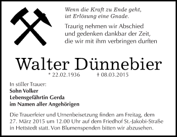 Traueranzeige von Walter Dünnebier von WVG - Wochenspiegel Bitterfeld