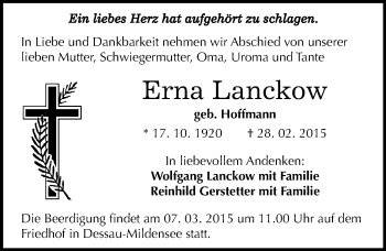 Traueranzeige von Erna Lanckow von Mitteldeutsche Zeitung Dessau-Roßlau