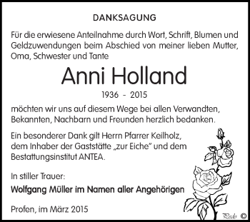Traueranzeige von Anni Holland von Super Sonntag Zeitz