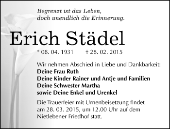 Traueranzeige von Erich Städel von Mitteldeutsche Zeitung Halle/Saalkreis