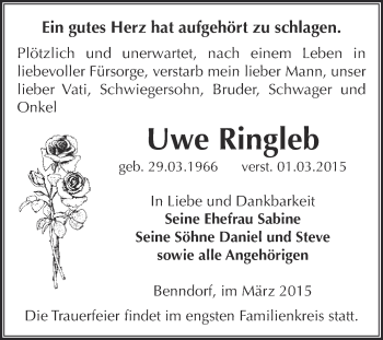 Traueranzeige von Uwe Ringleb von Wochenspiegel Mansfelder Land