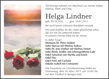 Traueranzeige von Helga Lindner von WVG - Wochenspiegel Merseburg