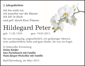 Traueranzeige von Hildegard Peter von Super Sonntag Merseburg