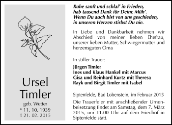 Traueranzeige von Ursel Timler von WVG - Wochenspiegel Quedlinburg
