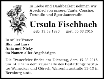 Traueranzeige von Ursula Fischbach von Mitteldeutsche Zeitung Bernburg