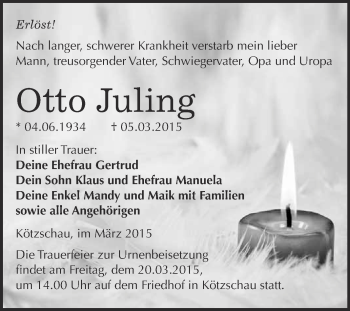 Traueranzeige von Otto Juling von Super Sonntag Merseburg