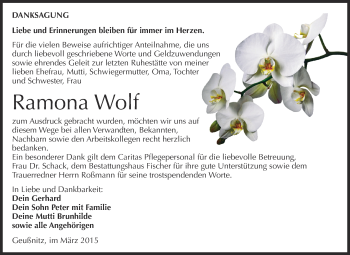 Traueranzeige von Ramona Wolf von Super Sonntag Zeitz