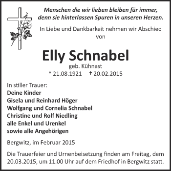 Traueranzeige von Elly Schnabel von WVG - Wochenspiegel Wittenberg