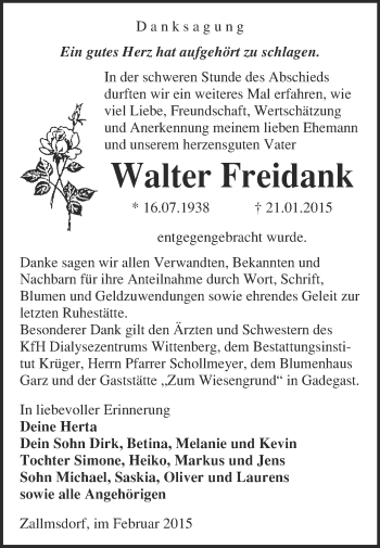 Traueranzeige von Walter Freidank von WVG - Wochenspiegel Wittenberg