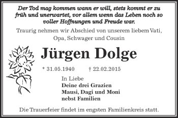 Traueranzeige von Jürgen Dolge von WVG - Wochenspiegel Dessau / Köthen