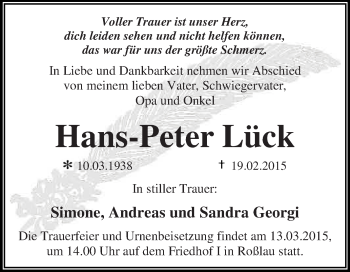 Traueranzeige von Hans-Peter Lück von WVG - Wochenspiegel Dessau / Köthen