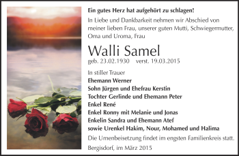 Traueranzeige von Walli Samel von Super Sonntag Zeitz