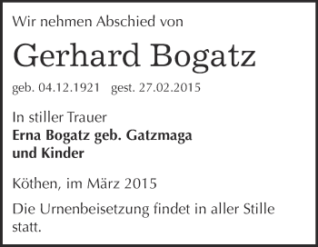 Traueranzeige von Gerhard Bogatz von WVG - Wochenspiegel Dessau / Köthen