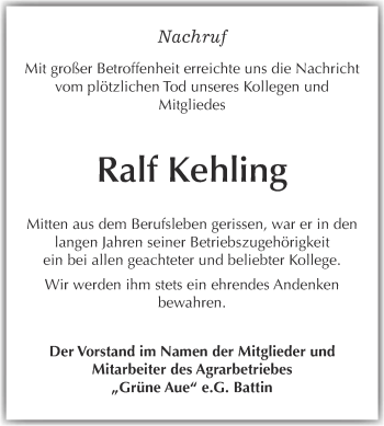Traueranzeige von Ralf Kehling von Super Sonntag Wittenberg