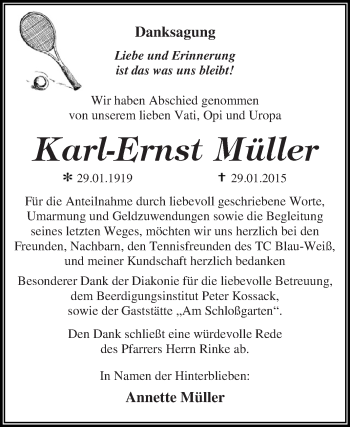 Traueranzeige von Karl-Ernst Müller von WVG - Wochenspiegel Dessau / Köthen