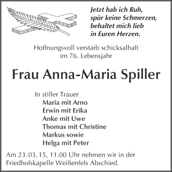 Traueranzeige von Anna-Maria Spiller von WVG - Wochenspiegel NMB / WSF / ZTZ