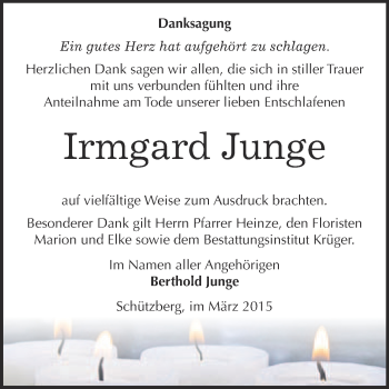 Traueranzeige von Irmgard Junge von WVG - Wochenspiegel Wittenberg