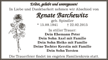 Traueranzeige von Renate Barchewitz von WVG - Wochenspiegel Dessau / Köthen