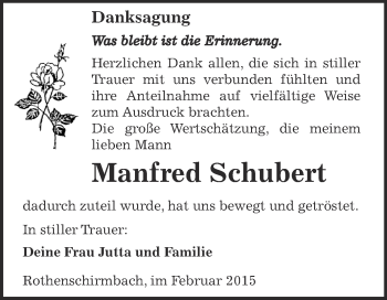 Traueranzeige von Manfred Schubert von WVG - Wochenspiegel SGH