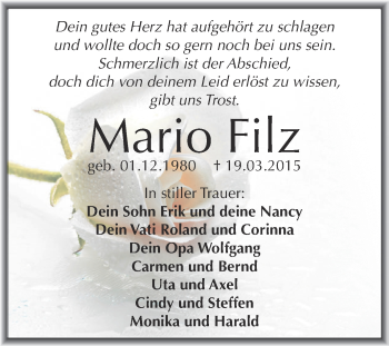 Traueranzeige von Mario Filz von WVG - Wochenspiegel Dessau / Köthen