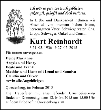 Traueranzeige von Kurt Reinhardt von Mitteldeutsche Zeitung Sangerhausen