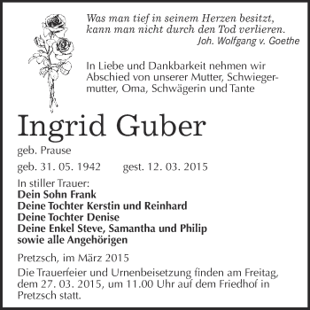 Traueranzeige von Ingrid Guber von WVG - Wochenspiegel Wittenberg