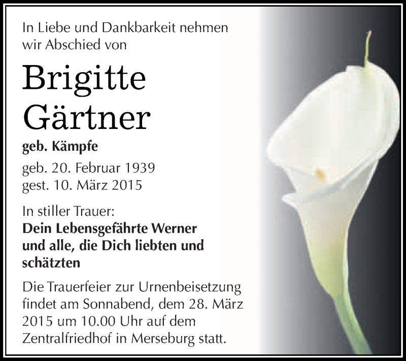 Traueranzeigen von Brigitte Gärtner www.abschiednehmen.de