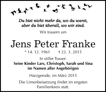 Traueranzeige von Jens Peter Franke von Mitteldeutsche Zeitung Quedlinburg