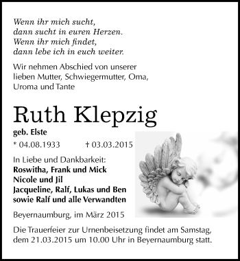 Traueranzeige von Ruth Klepzig von Mitteldeutsche Zeitung Sangerhausen