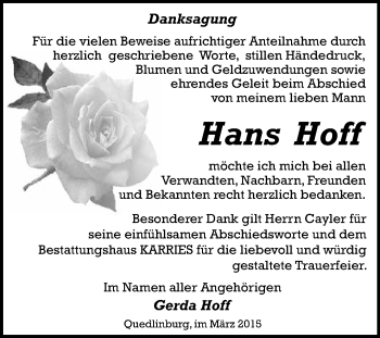 Traueranzeige von Hans Hoff von WVG - Wochenspiegel Quedlinburg