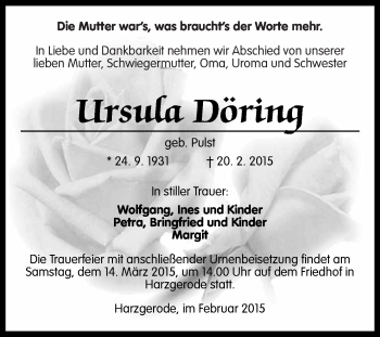 Traueranzeige von Ursula Döring von WVG - Wochenspiegel Quedlinburg