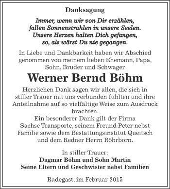 Traueranzeige von Werner Bernd Böhm von WVG - Wochenspiegel Dessau / Köthen