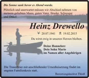 Traueranzeige von Heinz Drewello von Mitteldeutsche Zeitung Quedlinburg