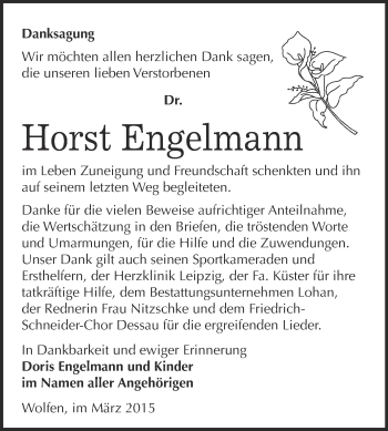 Traueranzeige von Horst Engelmann von WVG - Wochenspiegel Bitterfeld