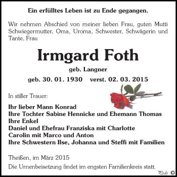 Traueranzeige von Irmgard Foth von Super Sonntag Zeitz