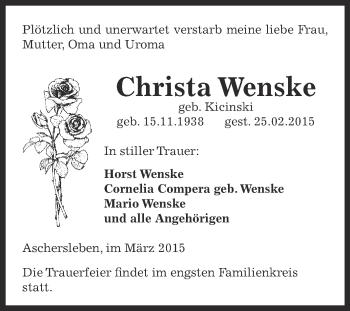 Traueranzeige von Christa Wenske von Super Sonntag Aschersleben