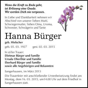 Traueranzeige von Hanna Bürger von Super Sonntag SGH Mansf. Land