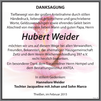 Traueranzeige von Hubert Weider von Super Sonntag Zeitz