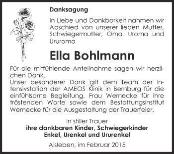 Traueranzeige von Ella Bohlmann von Super Sonntag SGH Mansf. Land