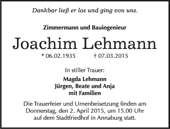 Traueranzeige von Joachim Lehmann von Mitteldeutsche Zeitung Wittenberg