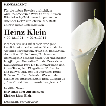 Traueranzeige von Heinz Klein von WVG - Wochenspiegel Dessau / Köthen