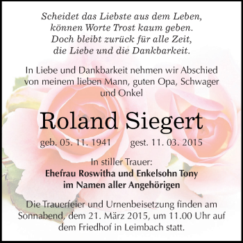 Traueranzeige von Roland Siegert von Wochenspiegel Mansfelder Land
