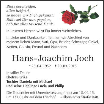 Traueranzeige von Hans-Joachim Joch von Super Sonntag Bernburg