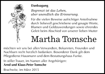 Traueranzeige von Martha Tomsche von Mitteldeutsche Zeitung