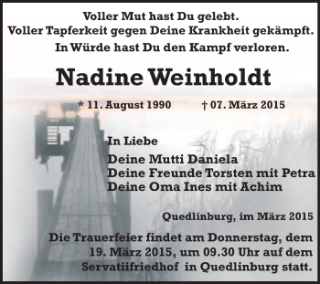 Traueranzeige von Nadine Weinholdt von WVG - Wochenspiegel Quedlinburg