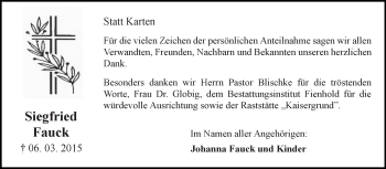 Traueranzeige von Siegfried Fauck von Super Sonntag SGH Mansf. Land
