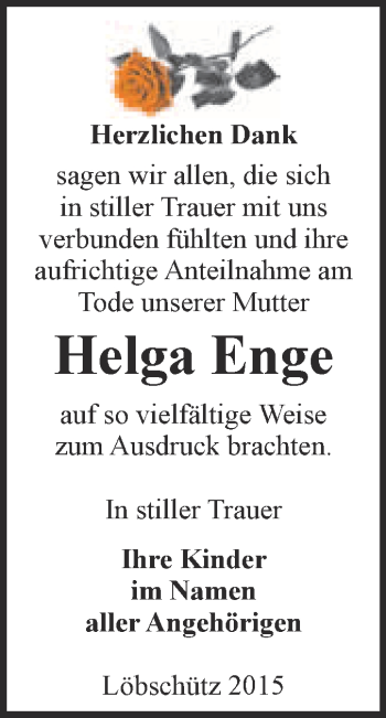 Traueranzeige von Helga Enge von WVG - Wochenspiegel NMB / WSF / ZTZ