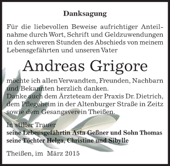 Traueranzeige von Andreas Grigore von Mitteldeutsche Zeitung Zeitz