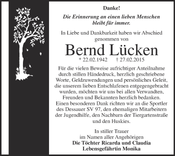 Traueranzeige von Bernd Lücken von WVG - Wochenspiegel Dessau / Köthen
